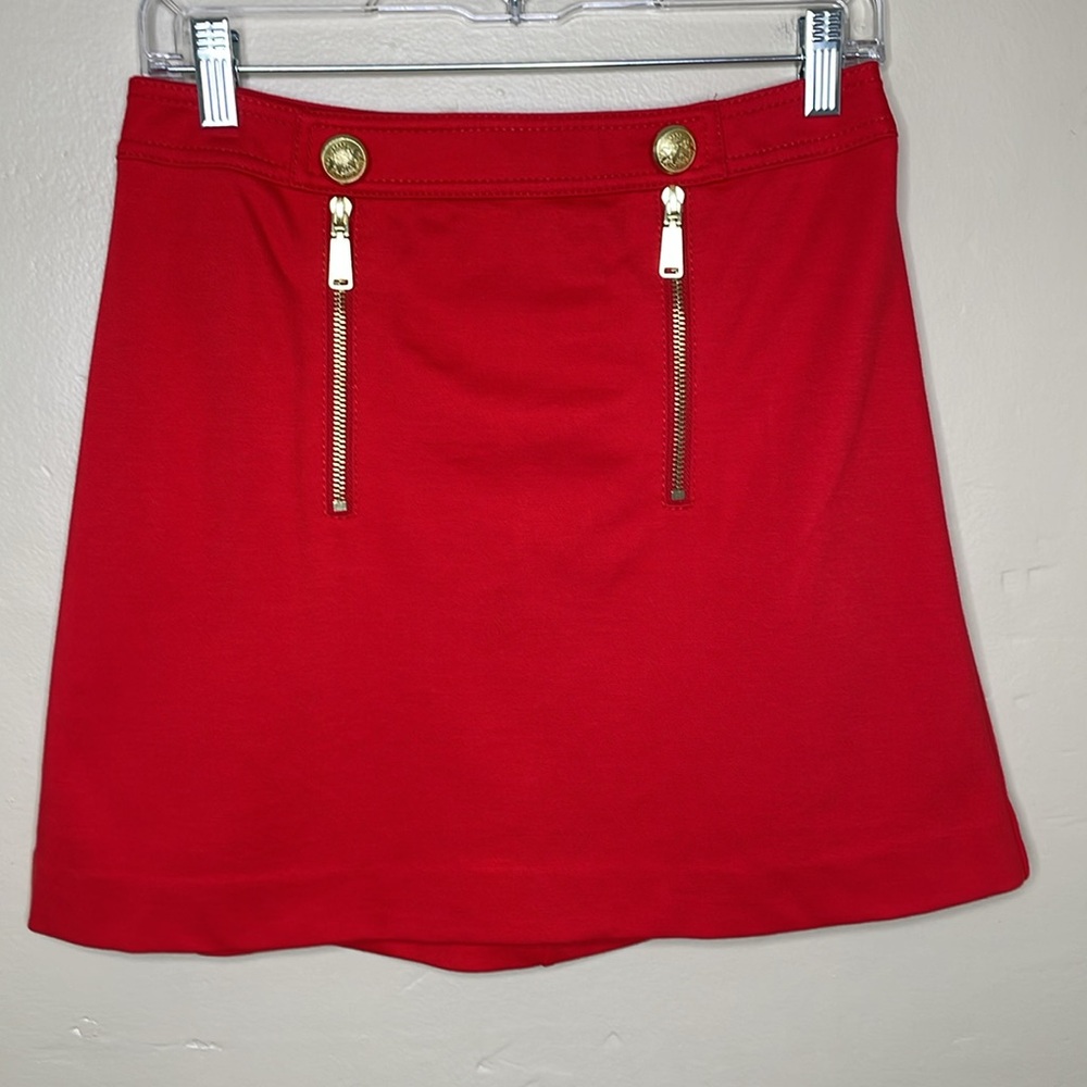 EXPRESS Mini Skirt Red & Gold A-Line Nautical Vibe Crested Buttons Gold Zippers